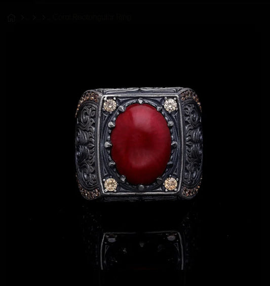 Gental Gems by Karat Kings | Unique Designed Turkish Style Heavy Ring with Natural Red Coral |  Sterling Silver Oxidized Ring | Men's Jewelry | With Certificate of Authenticity and  Hallmark