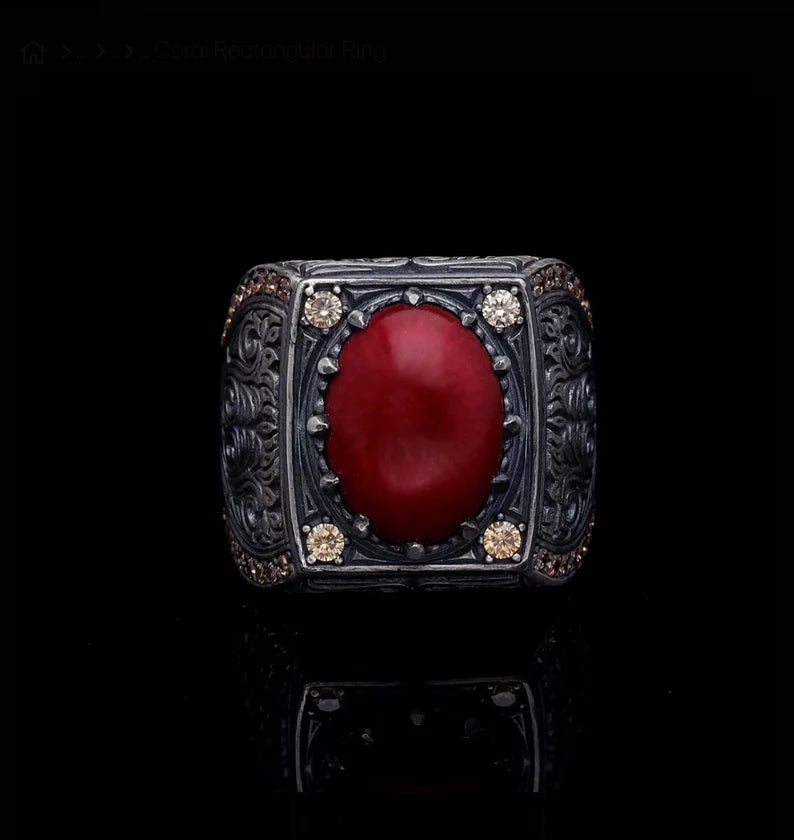 Gental Gems by Karat Kings | Unique Designed Turkish Style Heavy Ring with Natural Red Coral |  Sterling Silver Oxidized Ring | Men's Jewelry | With Certificate of Authenticity and  Hallmark