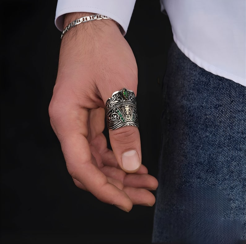 Gental Gems by Karat Kings | Unique Turkish Emperor's Style Signet Thumb Ring studded with Emeralds |  Sterling Silver Oxidized Ring