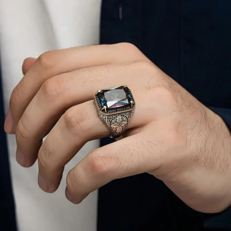 Gental Gems by Karat Kings | Unique Designed Turkish Style Ring with Multicolored Alexandrite |  Sterling Silver Oxidized Ring