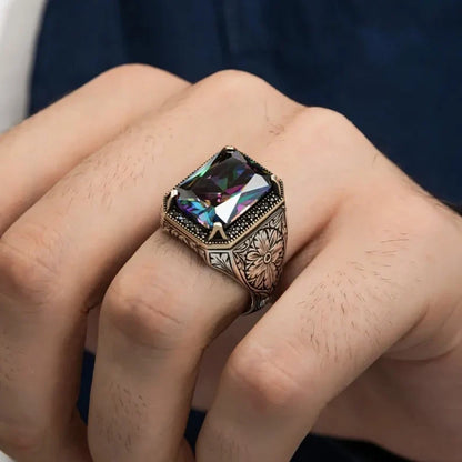 Gental Gems by Karat Kings | Unique Designed Turkish Style Ring with Multicolored Alexandrite |  Sterling Silver Oxidized Ring