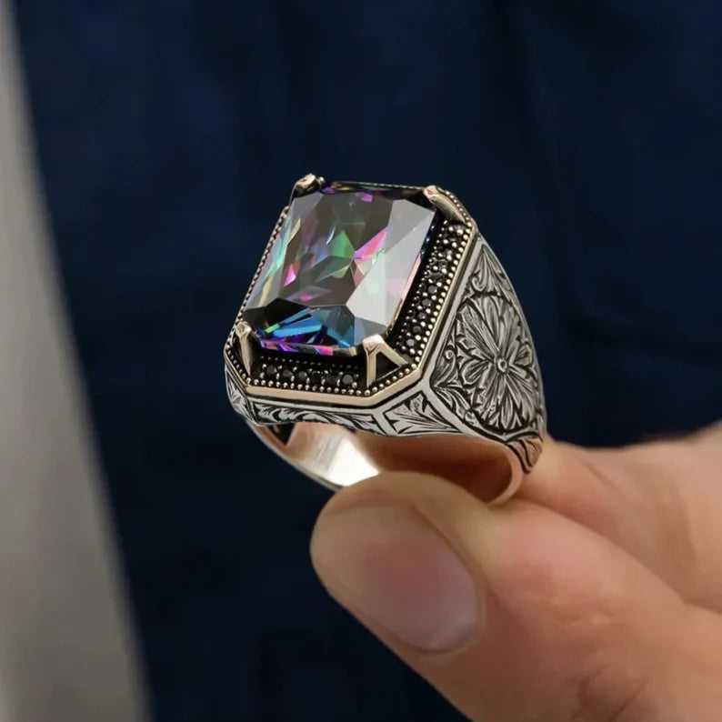 Gental Gems by Karat Kings | Unique Designed Turkish Style Ring with Multicolored Alexandrite |  Sterling Silver Oxidized Ring