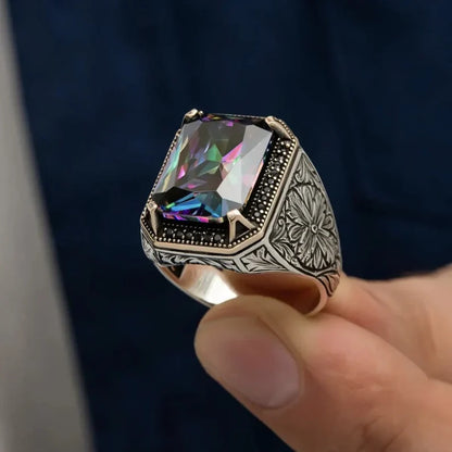 Gental Gems by Karat Kings | Unique Designed Turkish Style Ring with Multicolored Alexandrite |  Sterling Silver Oxidized Ring