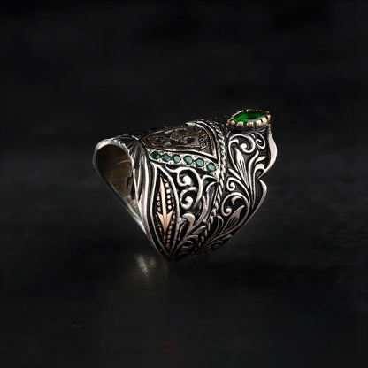 Gental Gems by Karat Kings | Unique Turkish Emperor's Style Signet Thumb Ring studded with Emeralds |  Sterling Silver Oxidized Ring
