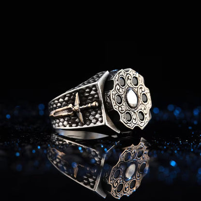 Gental Gems by Karat Kings | Unique Turkish Style Ring with 6 stone Black Zircon |  Sterling Silver Oxidized Ring | Men's Jewelry | With Certificate of Authenticity and  Hallmark