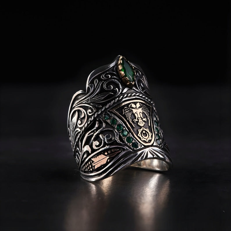 Gental Gems by Karat Kings | Unique Turkish Emperor's Style Signet Thumb Ring studded with Emeralds |  Sterling Silver Oxidized Ring