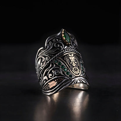 Gental Gems by Karat Kings | Unique Turkish Emperor's Style Signet Thumb Ring studded with Emeralds |  Sterling Silver Oxidized Ring