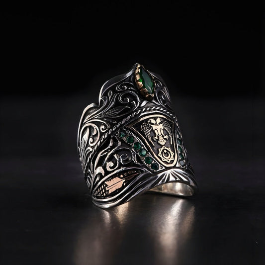 Gental Gems by Karat Kings | Unique Turkish Emperor's Style Signet Thumb Ring studded with Emeralds |  Sterling Silver Oxidized Ring | Men's Jewelry | With Certificate of Authenticity and  Hallmark