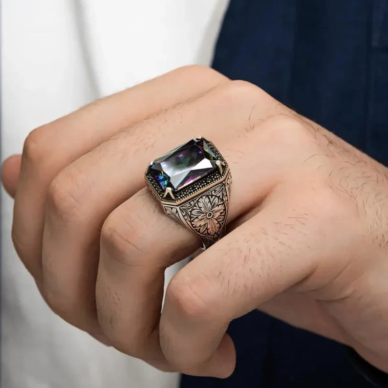 Gental Gems by Karat Kings | Unique Designed Turkish Style Ring with Multicolored Alexandrite |  Sterling Silver Oxidized Ring