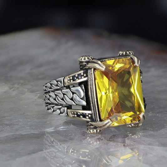 Versace Designed Turkish Style Ring with 12 ct Natural Yellow Citrine , Sterling Silver Oxidized Ring | With Certificate of Authenticity and  Hallmark