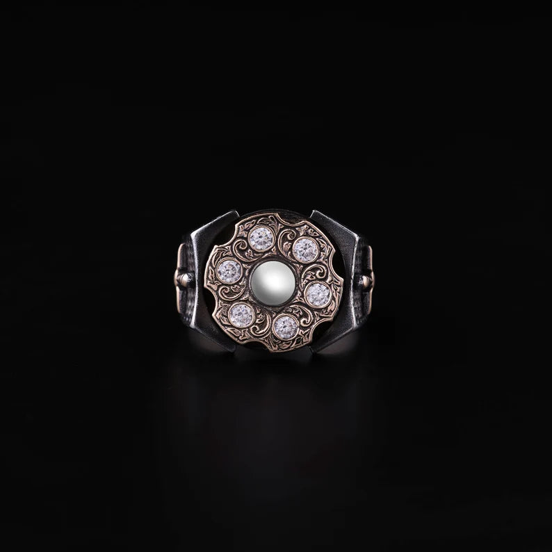Gental Gems by Karat Kings | Unique Designed Turkish Style Ring with 6 Stone White Zirconia |  Sterling Silver Oxidized Ring | Men's Jewelry | With Certificate of Authenticity and  Hallmark