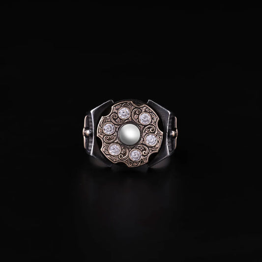 Gental Gems by Karat Kings | Unique Designed Turkish Style Ring with 6 Stone White Zirconia | 925 Sterling Silver Oxidized Ring | Men's Jewelry | With Certificate of Authenticity and 925 Hallmark