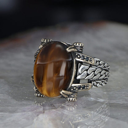 Gental Gems by Karat Kings | Unique Designed Turkish Style Ring with Natural Tiger Eye  |  Sterling Silver Oxidized Ring