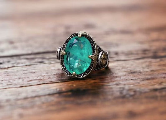 Unique Designed Turkish Style Ring with Emerald |  Sterling Silver Oxidized Ring |With Certificate of Authenticity and  Hallmark