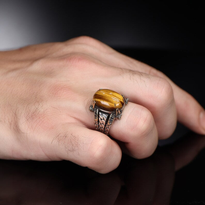 Gental Gems by Karat Kings | Unique Designed Turkish Style Ring with Natural Tiger Eye  |  Sterling Silver Oxidized Ring