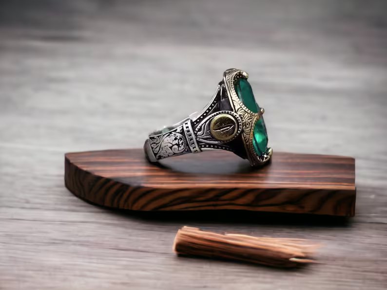 Unique Designed Turkish Style Ring with Emerald |  Sterling Silver Oxidized Ring |With Certificate of Authenticity and  Hallmark