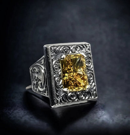 Gental Gems by Karat Kings | Unique Hand-Engraved Turkish Style Ring with AAA+ Natural Yellow Citrine,  Sterling Silver Oxidized Ring | Men's Jewelry | With Certificate of Authenticity and  Hallmark