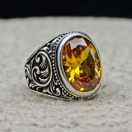 Gental Gems by Karat Kings | Unique Designed Turkish Style Ring with Natural Yellow Citrine ,  Sterling Silver Oxidized Ring | Men's Jewelry | With Certificate of Authenticity and  Hallmark
