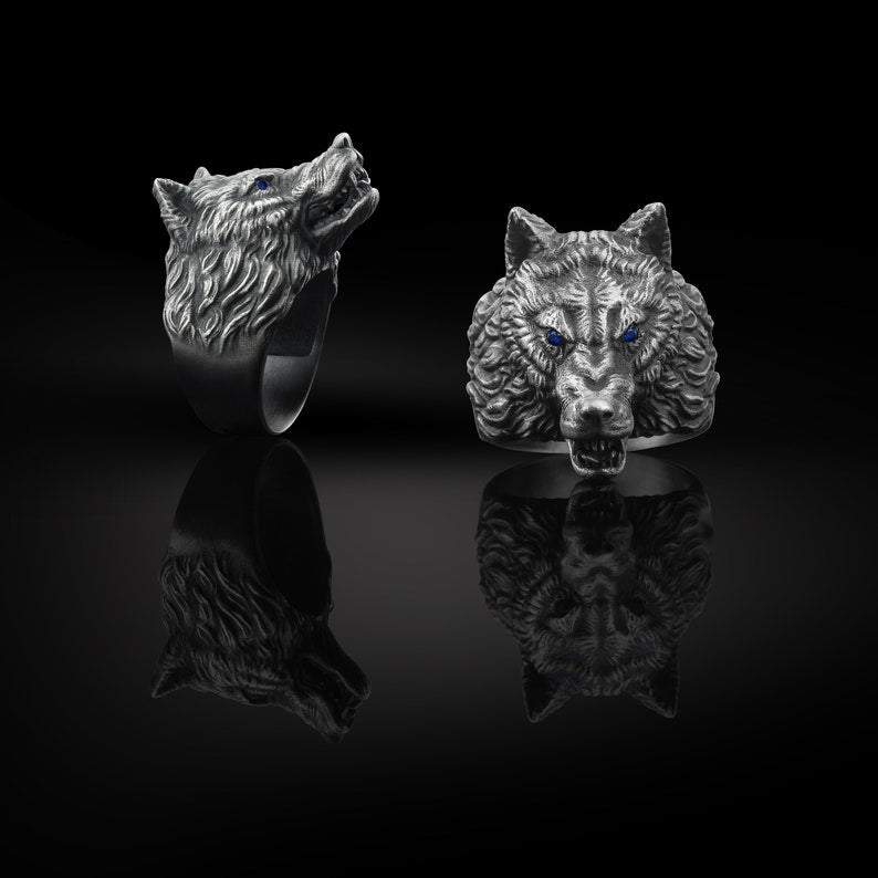 Gental Gems by Karat Kings | Unique Designed Wolf Face Ring |  Sterling Silver Oxidized Ring