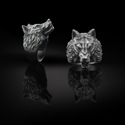 Gental Gems by Karat Kings | Unique Designed Wolf Face Ring |  Sterling Silver Oxidized Ring