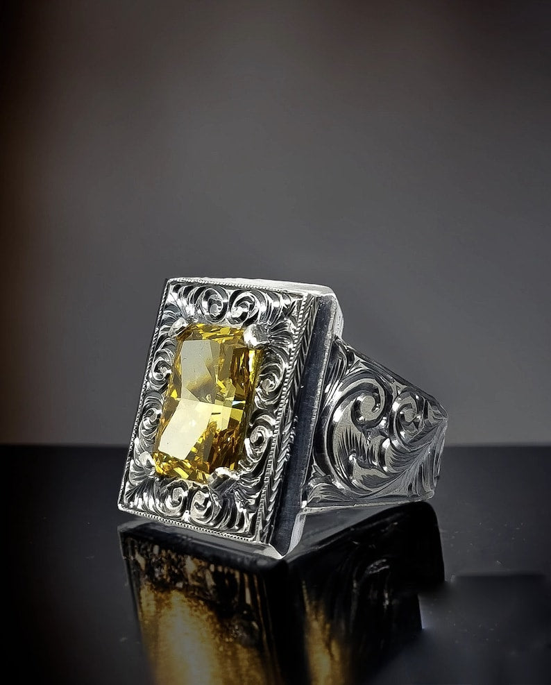 Gental Gems by Karat Kings | Unique Hand-Engraved Turkish Style Ring with AAA+ Natural Yellow Citrine,  Sterling Silver Oxidized Ring | Men's Jewelry | With Certificate of Authenticity and  Hallmark