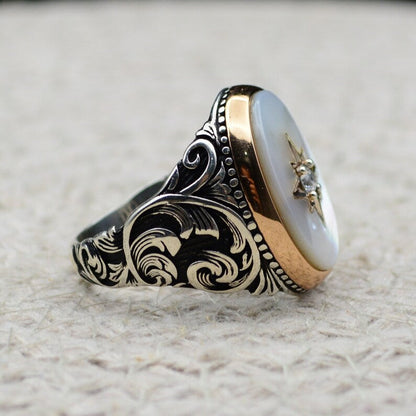 Gental Gems by Karat Kings | Unique Turkish Style Ring with Natural Pearl |  Sterling Silver Oxidized Ring