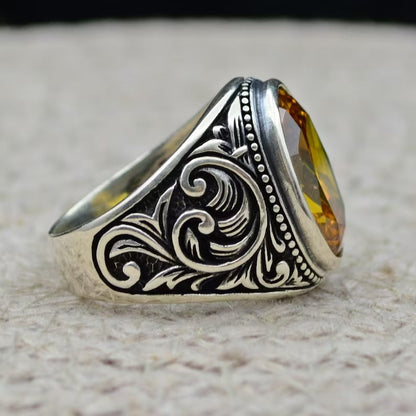 Gental Gems by Karat Kings | Unique Designed Turkish Style Ring with Natural Yellow Citrine ,  Sterling Silver Oxidized Ring