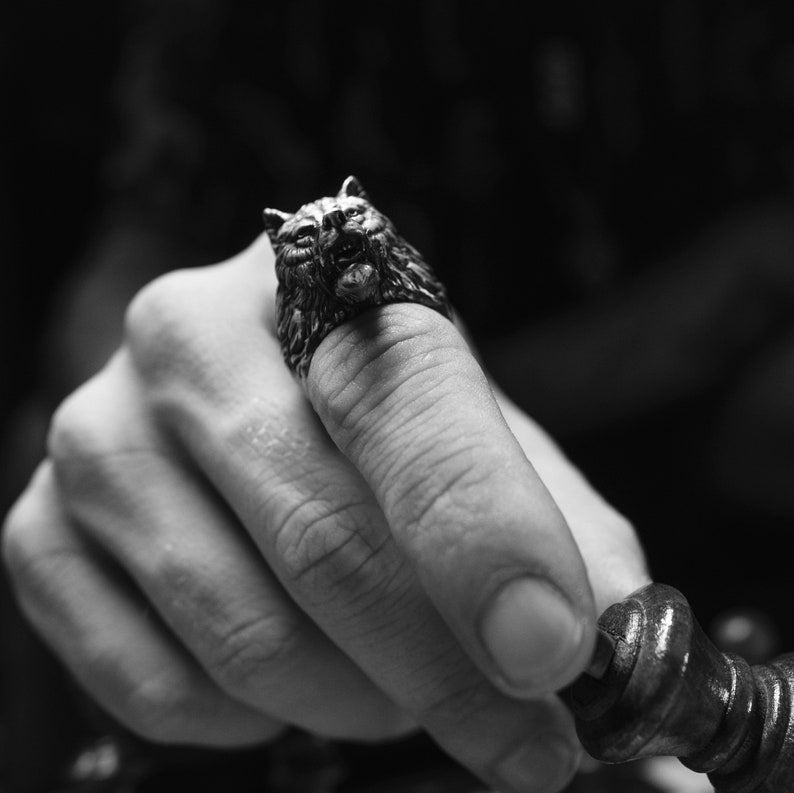 Gental Gems by Karat Kings | Unique Designed Wolf Face Ring |  Sterling Silver Oxidized Ring