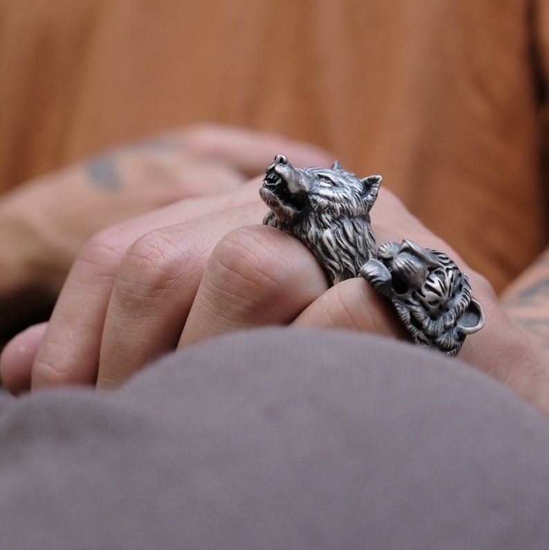 Gental Gems by Karat Kings | Unique Designed Wolf Face Ring |  Sterling Silver Oxidized Ring