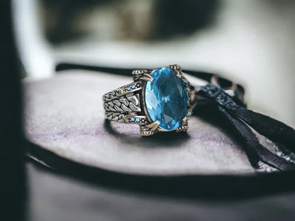 Gental Gems by Karat Kings | Exclusively Designed Ring with Blue Topaz |  Sterling Silver Oxidized Ring