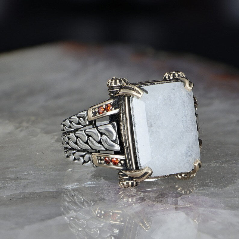 Gental Gems by Karat Kings | Unique Designed Turkish Style Ring with Natural Moonstone |  Sterling Silver Oxidized Ring | Men's Jewelry | With Certificate of Authenticity and  Hallmark