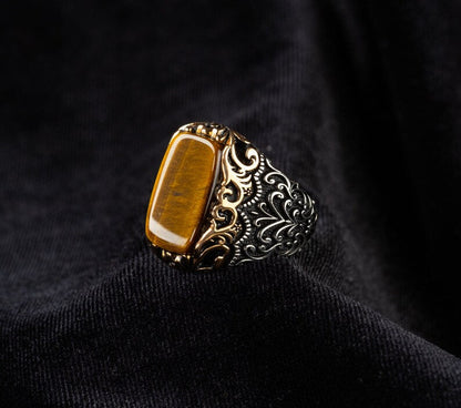 Gental Gems by Karat Kings | Unique Designed Turkish Style Ring with Natural Tiger Eye  |  Sterling Silver Oxidized Ring