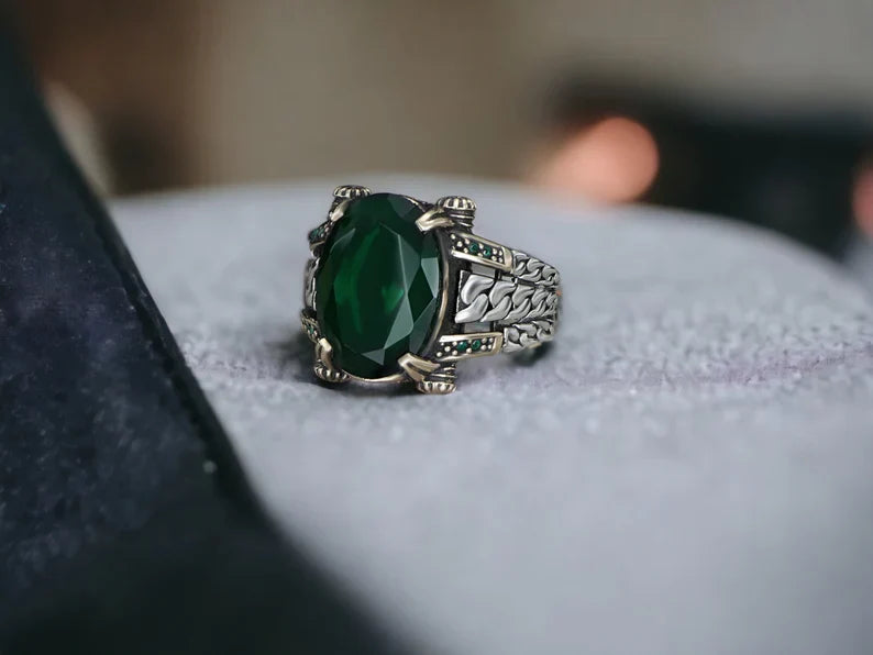 Gental Gems by Karat Kings | Unique Designed Turkish Style Ring with Natural Emerald |  Sterling Silver Oxidized Ring | Men's Jewelry | With Certificate of Authenticity and  Hallmark