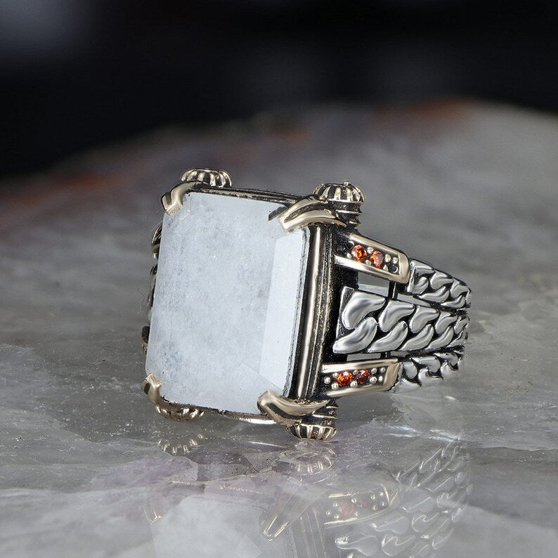Gental Gems by Karat Kings | Unique Designed Turkish Style Ring with Natural Moonstone |  Sterling Silver Oxidized Ring