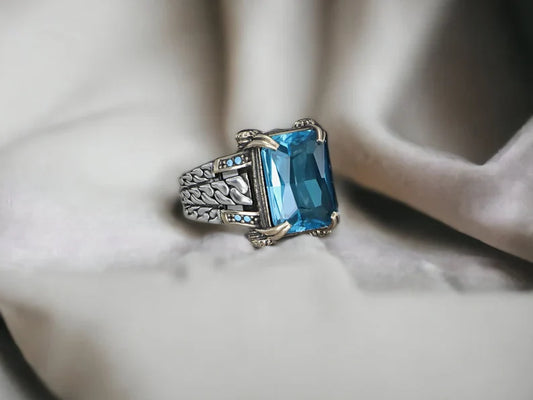 Gental Gems by Karat Kings | Exclusively Designed Ring with Blue Topaz |  Sterling Silver Oxidized Ring | Men's Jewelry | With Certificate of Authenticity and  Hallmark