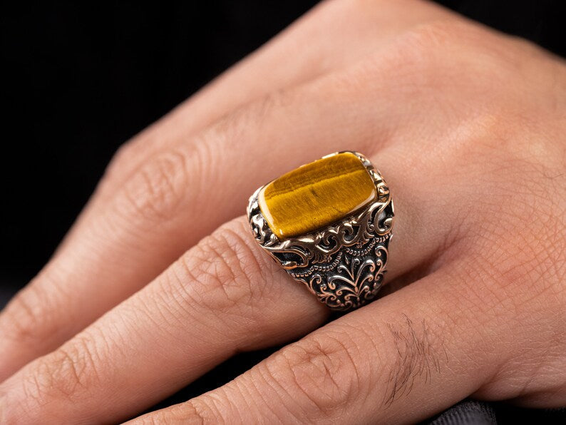 Gental Gems by Karat Kings | Unique Designed Turkish Style Ring with Natural Tiger Eye  |  Sterling Silver Oxidized Ring