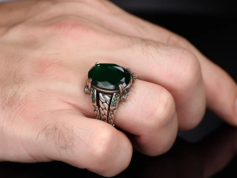 Gental Gems by Karat Kings | Unique Designed Turkish Style Ring with Natural Emerald |  Sterling Silver Oxidized Ring | Men's Jewelry | With Certificate of Authenticity and  Hallmark