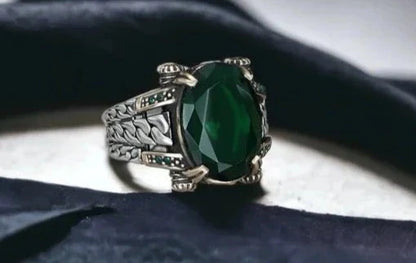 Gental Gems by Karat Kings | Unique Designed Turkish Style Ring with Natural Emerald |  Sterling Silver Oxidized Ring | Men's Jewelry | With Certificate of Authenticity and  Hallmark