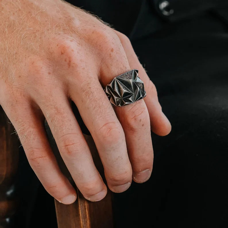 Gental Gems by Karat Kings | Unique Designed Zigzag Style Turkish Style Ring with White Zirconia | 925 Sterling Silver Oxidized Ring | Men's Jewelry | With Certificate of Authenticity and 925 Hallmark