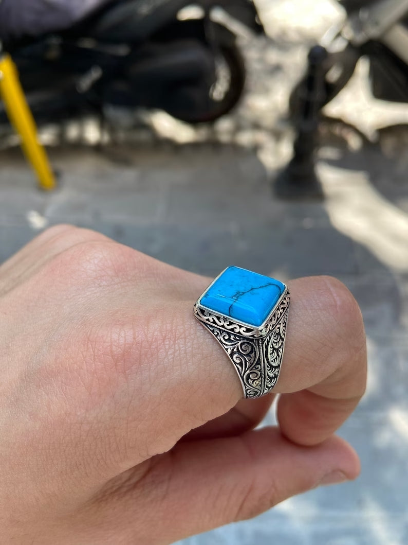Gental Gems by Karat Kings | Unique Designed Turkish Style Ring with Natural Irani Turquoise (Firoza) |  Sterling Silver Oxidized Ring