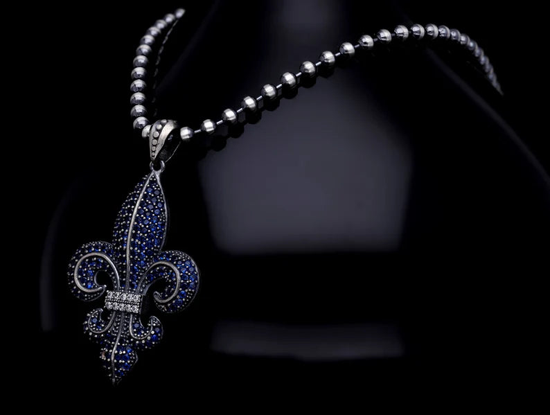 Gental Gems by Karat Kings | Unique Designed Fleur-De-Lis Pendant Studded with Blue Zircons for Men |  Sterling Silver Oxidized Pendant | Men's Jewelry | With Certificate of Authenticity and  Hallmark