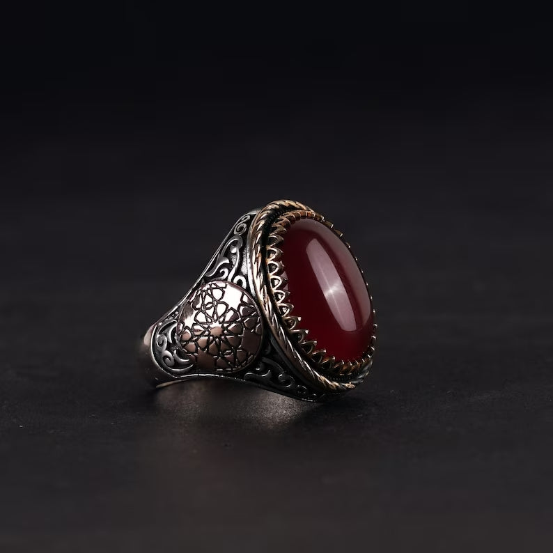 Gental Gems by Karat Kings | Unique Turkish Style Ring with Natural Red Agate  |  Sterling Silver Oxidized Ring