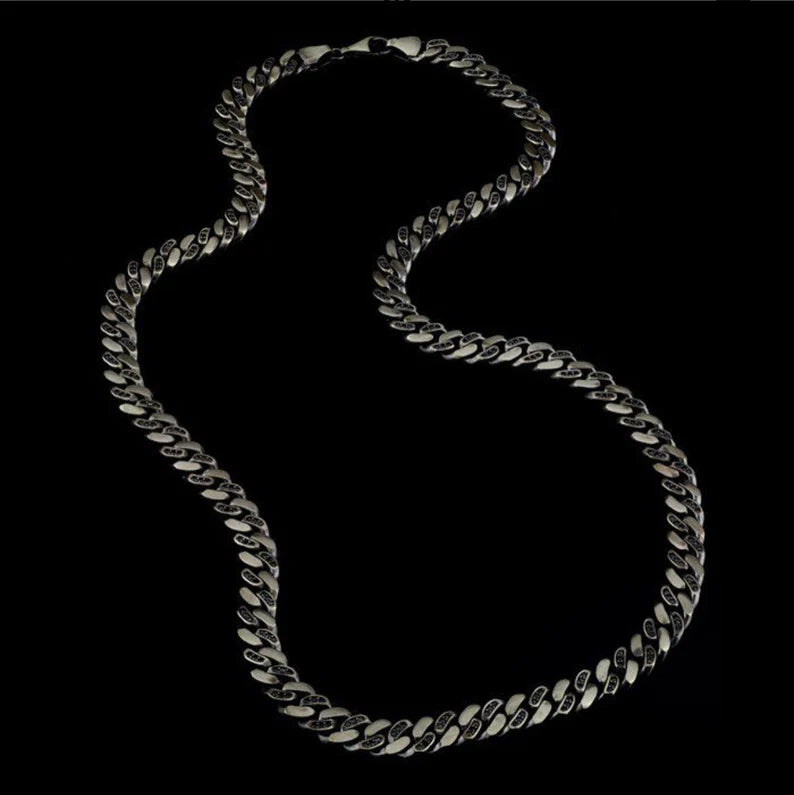 Gental Gems by Karat Kings | 12mm Wide Solid Miami Cuban Link Chain Studded With Black Zirconia Stone |  Sterling Silver Chain