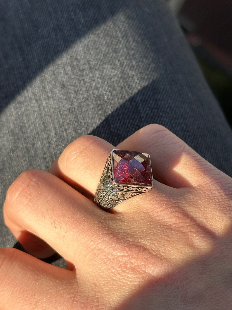 Gental Gems by Karat Kings | Unique Designed Ring with Natural Red Ruby |  Sterling Silver Oxidized Ring