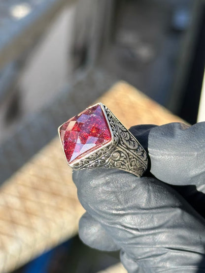 Gental Gems by Karat Kings | Unique Designed Ring with Natural Red Ruby |  Sterling Silver Oxidized Ring