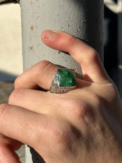 Tilted Square Designed Turkish Style Ring with Natural Emerald |  Sterling Silver Oxidized Ring | With Certificate of Authenticity and  Hallmark
