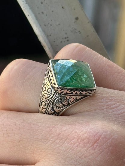Tilted Square Designed Turkish Style Ring with Natural Emerald |  Sterling Silver Oxidized Ring | With Certificate of Authenticity and  Hallmark