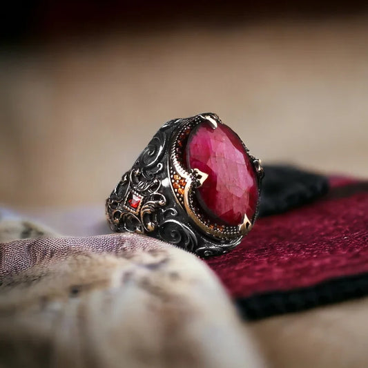 Gental Gems by Karat Kings | Unique Designed Turkish Style Heavy Ring with Natural Red Ruby | 22kt Gold Micron Plated  Sterling Silver Oxidized Ring | Men's Jewelry | With Certificate of Authenticity and  Hallmark