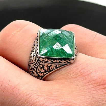 Tilted Square Designed Turkish Style Ring with Natural Emerald |  Sterling Silver Oxidized Ring | With Certificate of Authenticity and  Hallmark