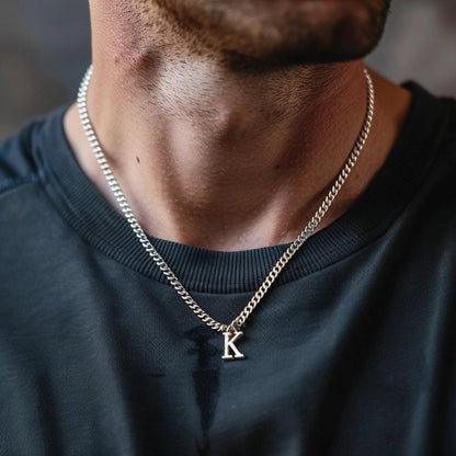 Gental Gems by Karat Kings | Minimalist Solid 5mm Cuban Link Chain with Custom Name Initial (Rhodium Plated) |  Sterling Silver Chain